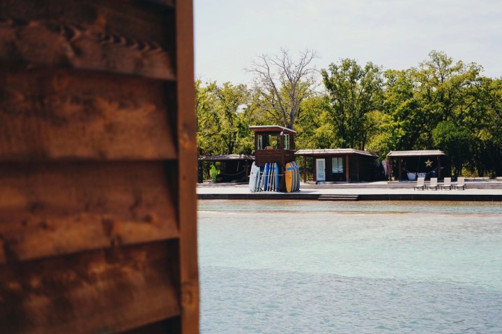 View of the surf lagoon with the surf tower in the distance
