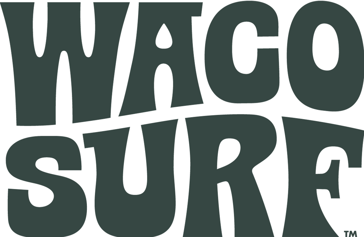 Logo with the text waco surf - a texas water park