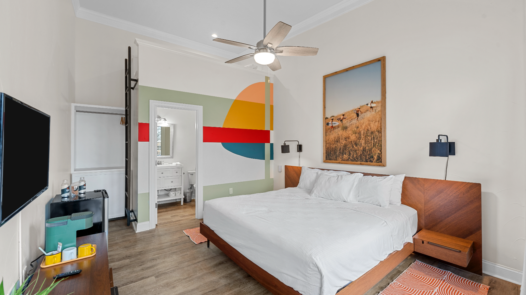a bedroom with a large bed in a room