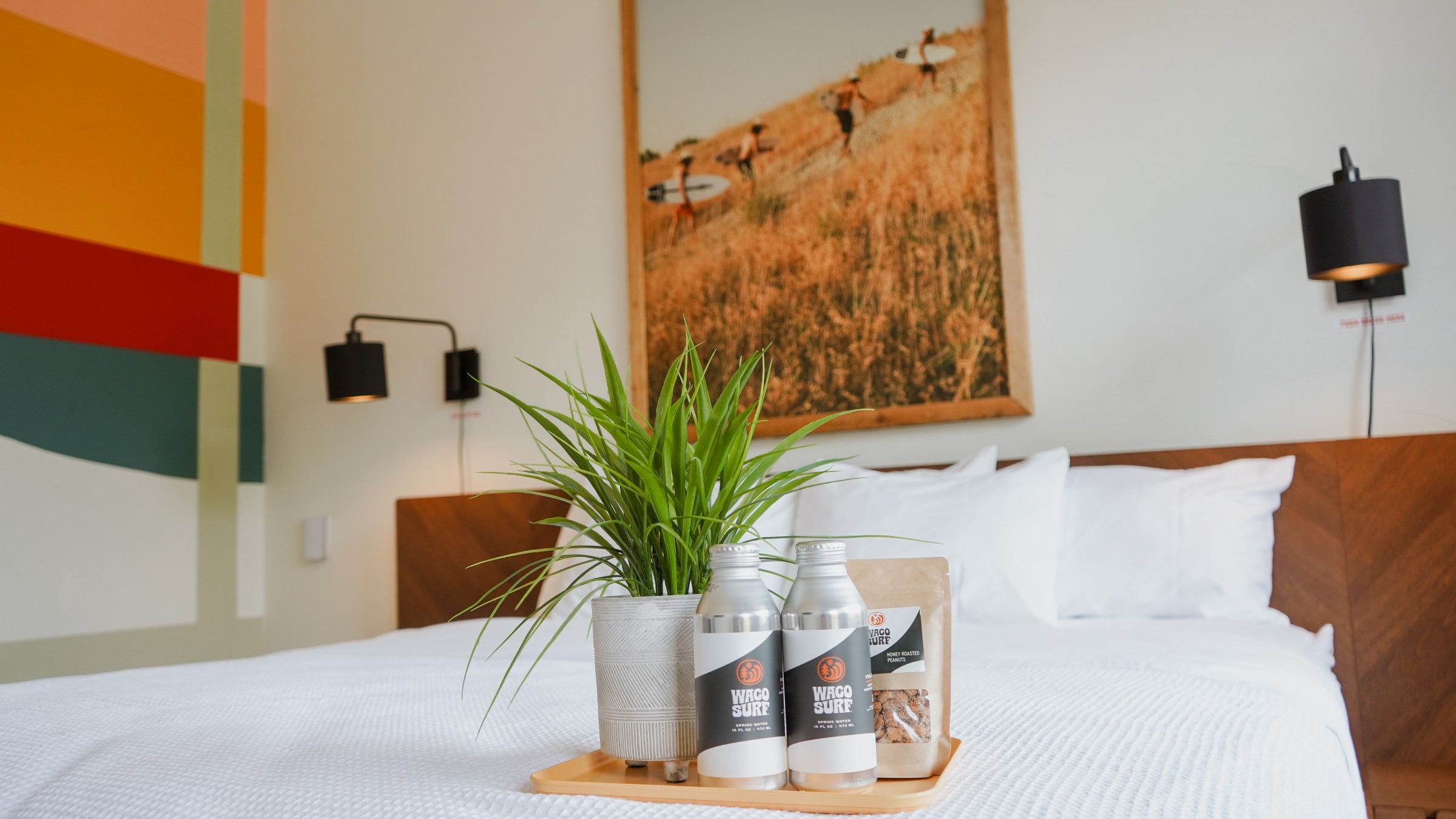 Complimentary waters and snack included with your lodging in the Waco Surf Hotel, a lodging option at Waco Surf
