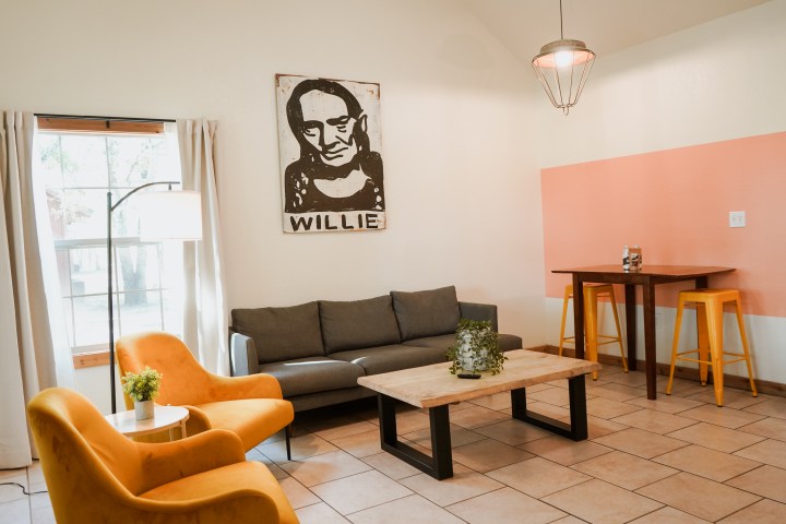 Standard cabin living room space, a lodging option at Waco Surf