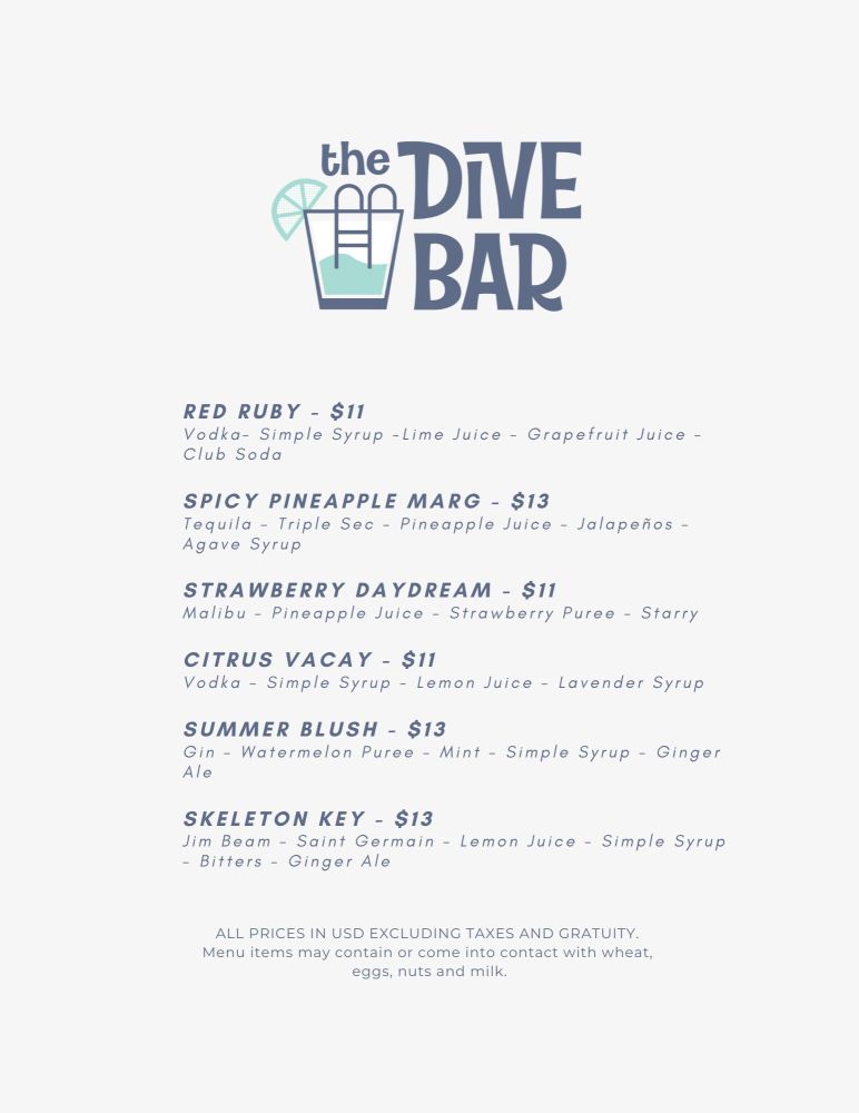 Dive Bar menu with drink names, ingredients, and prices, logo with pool ladder icon.