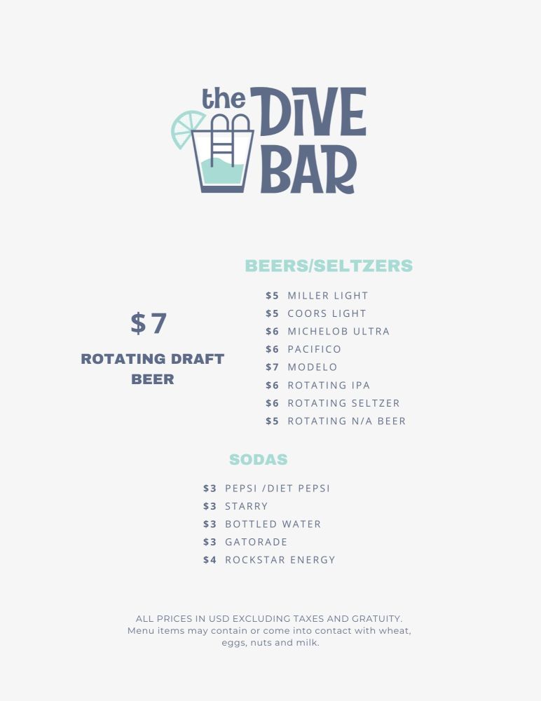 Menu for The Dive Bar with drinks and prices, including beers, seltzers, and sodas.