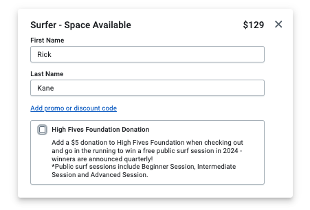 Form for booking a surf session with donation option at $129.