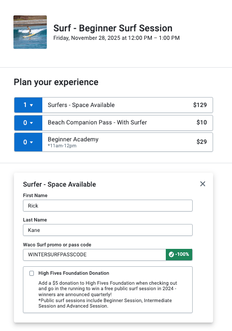 Surf session booking with activity options and promo code entry form.